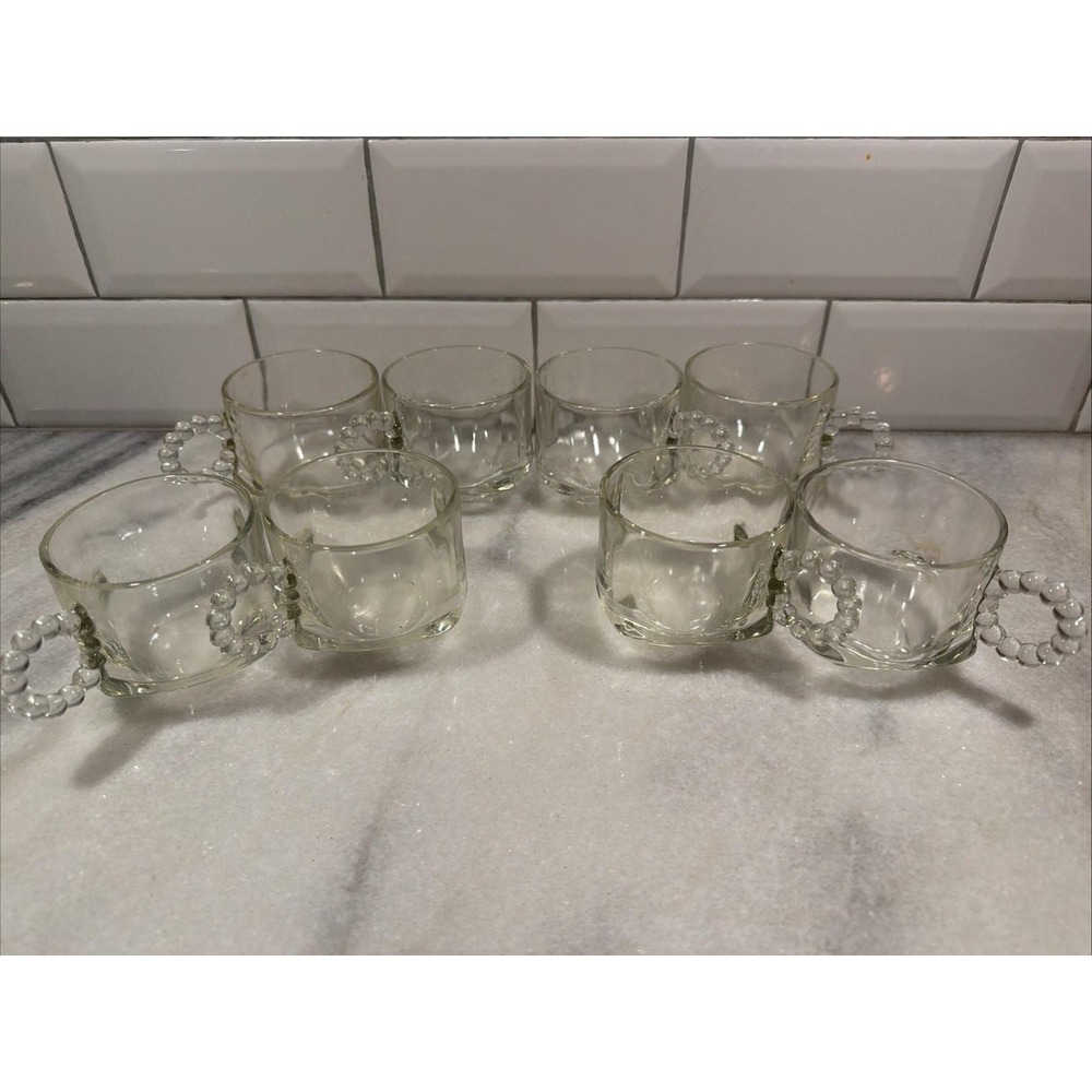 Set Of 8 VTG Hazel Atlas Orchard Punch Cup Hobnail Ball And Rib Handle 004
